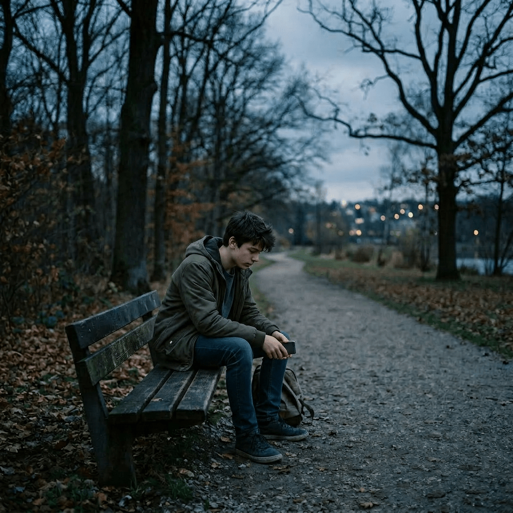 Woman in coat and knit hat sitting on a park bench holding a coffee cup