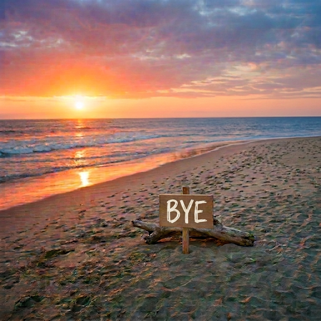 Two women hugging on beach with sign saying Goodbye Southern California, others smiling nearby at sunset